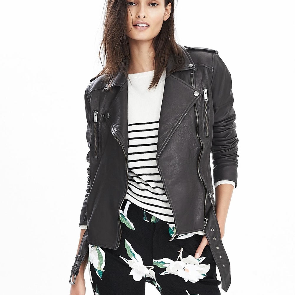 BANANA REPUBLIC Classic Lambskin Leather Moto Jacket Black 177180